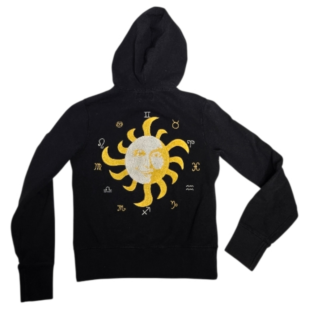 VINTAGE Y2K Lucky embroidered zodiac sunshine black zip up hoodie‎ sweatshirt S